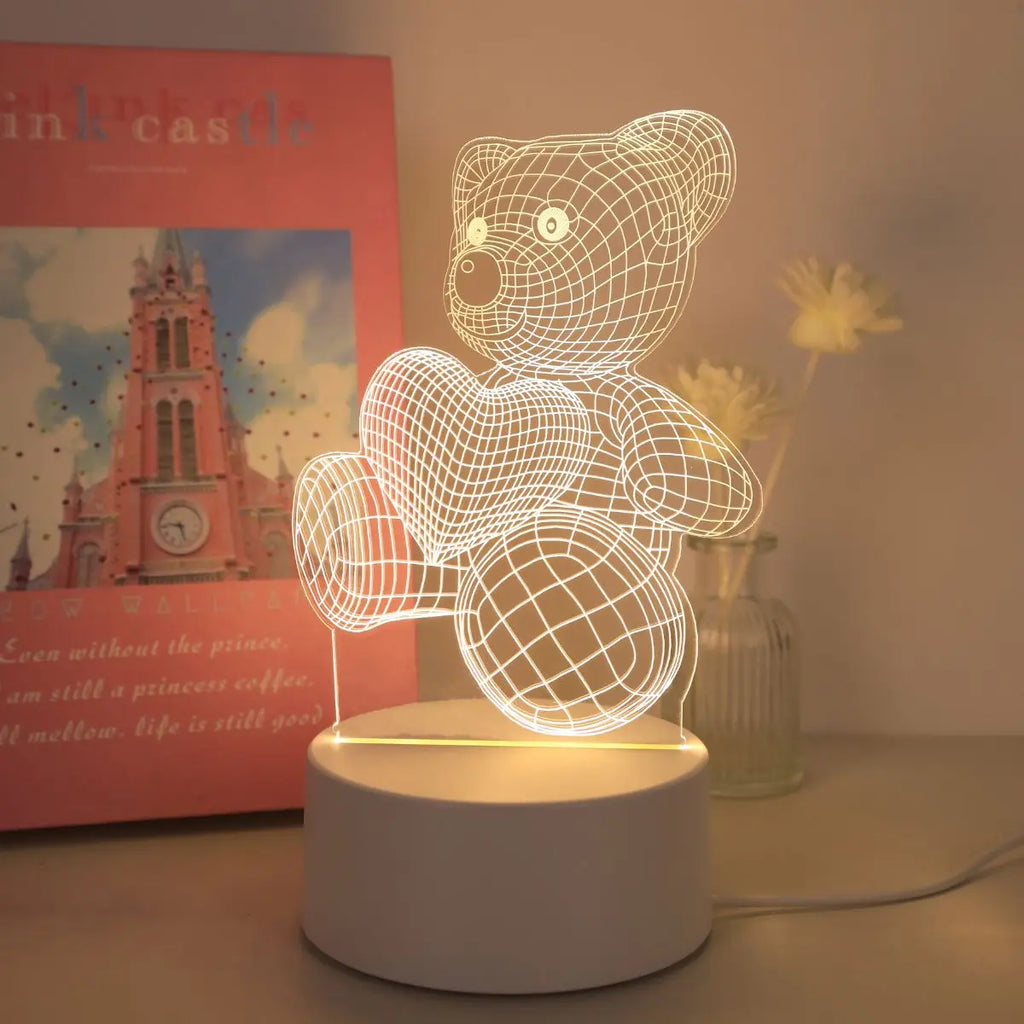 Heart-Shaped Bear Design 3D Visual Light - Ideal for Bedrooms, Birthdays, and Christmas Decor