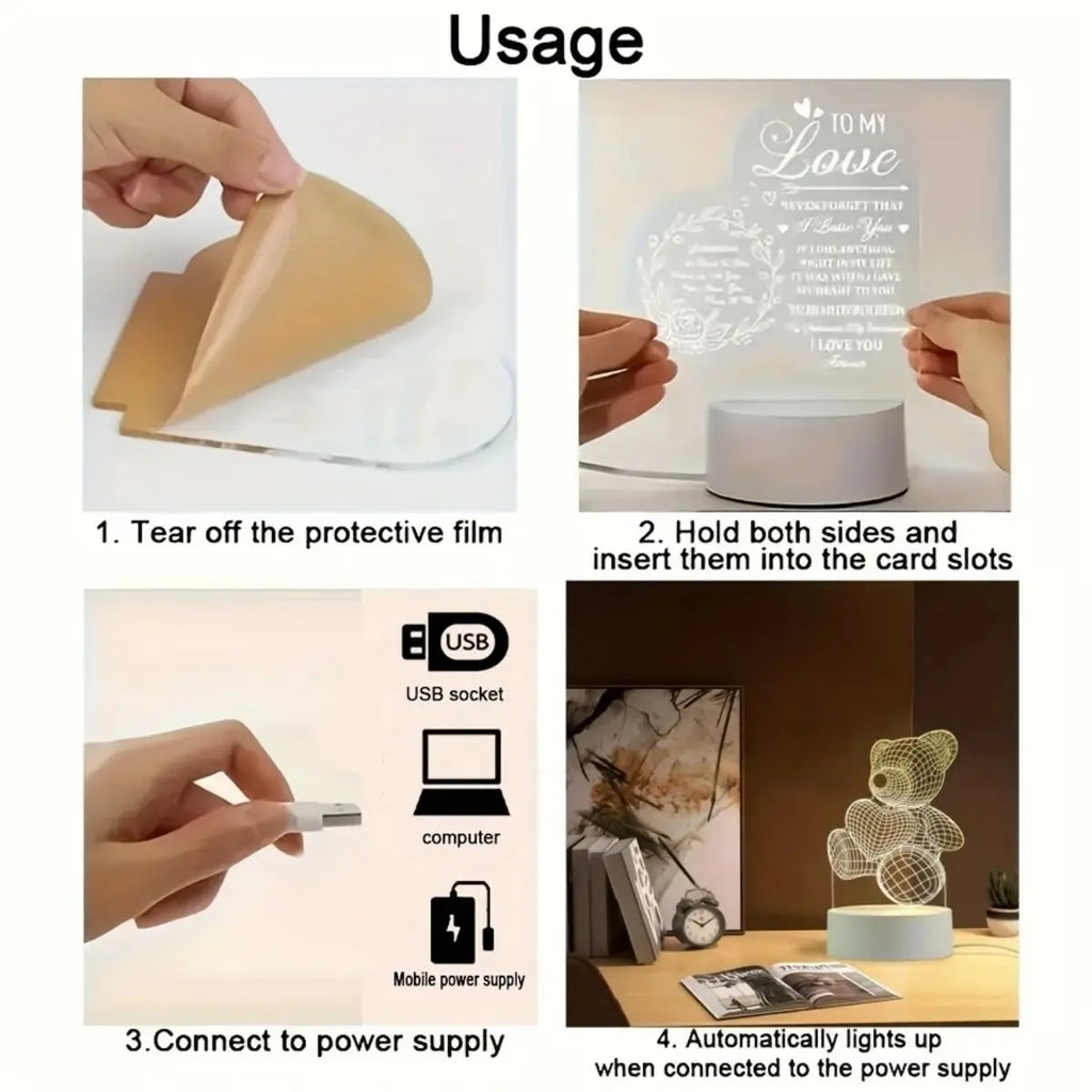 Heart-Shaped Bear Design 3D Visual Light - Ideal for Bedrooms, Birthdays, and Christmas Decor