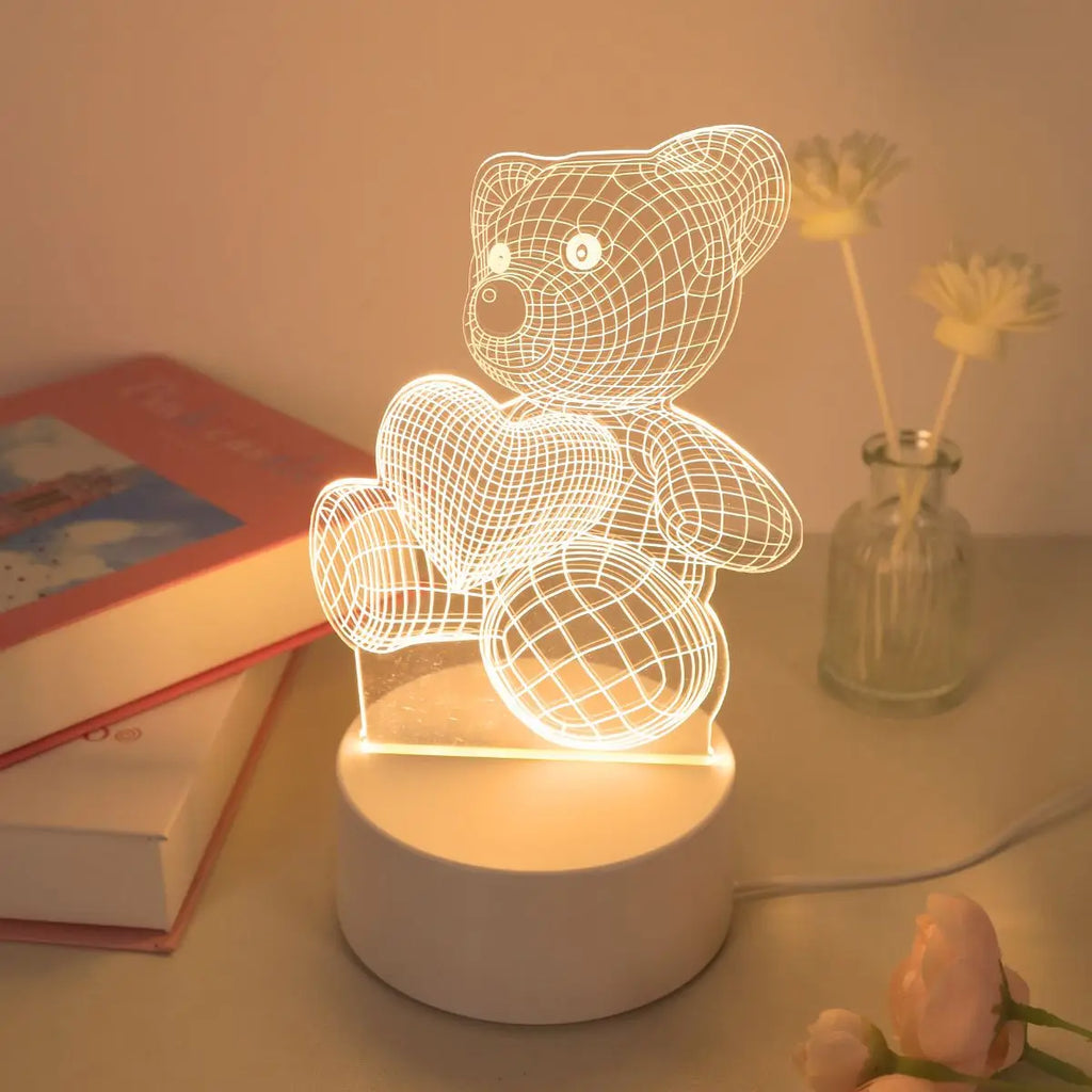 Heart-Shaped Bear Design 3D Visual Light - Ideal for Bedrooms, Birthdays, and Christmas Decor