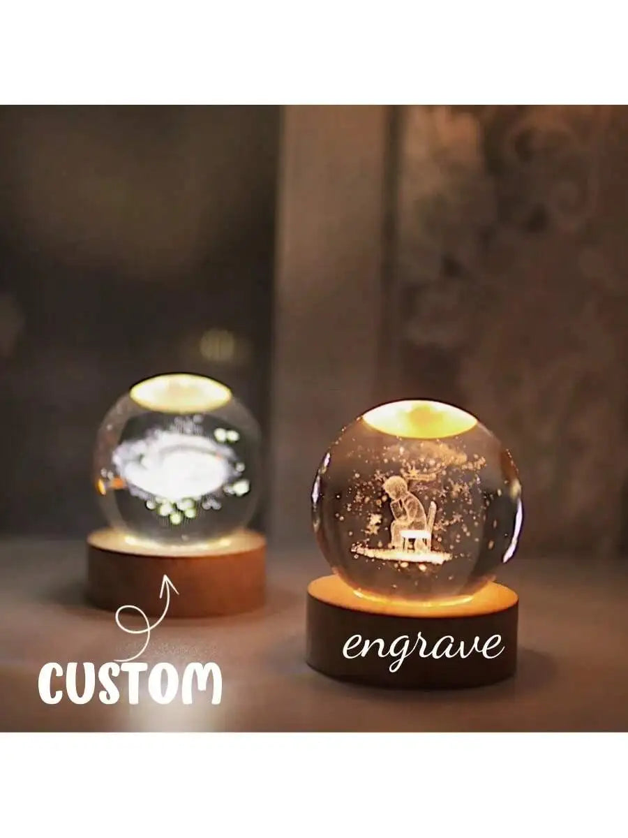 Customized Christmas Gift 3D Laser Carved Crystal Ball, Wooden Crystal Snowball, Custom Desktop Ornaments, Holiday Gifts.