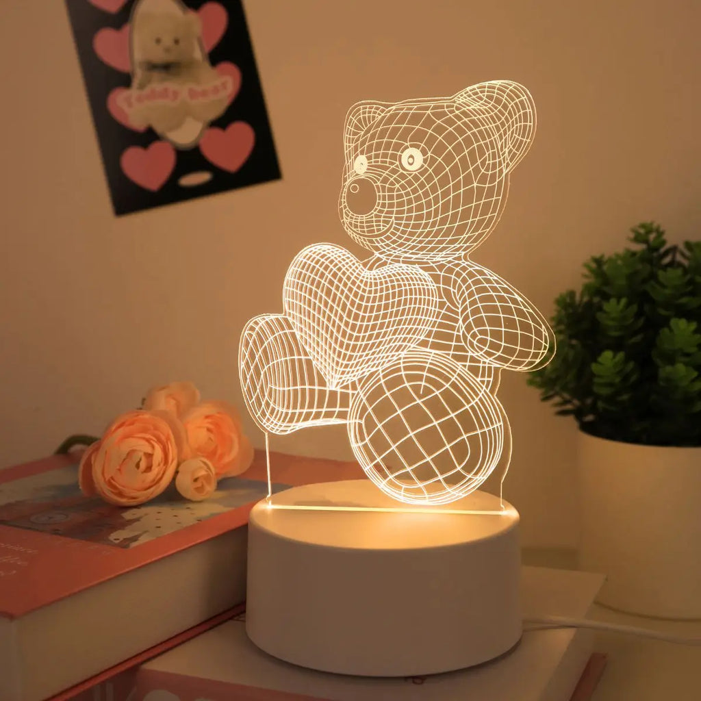 Heart-Shaped Bear Design 3D Visual Light - Ideal for Bedrooms, Birthdays, and Christmas Decor