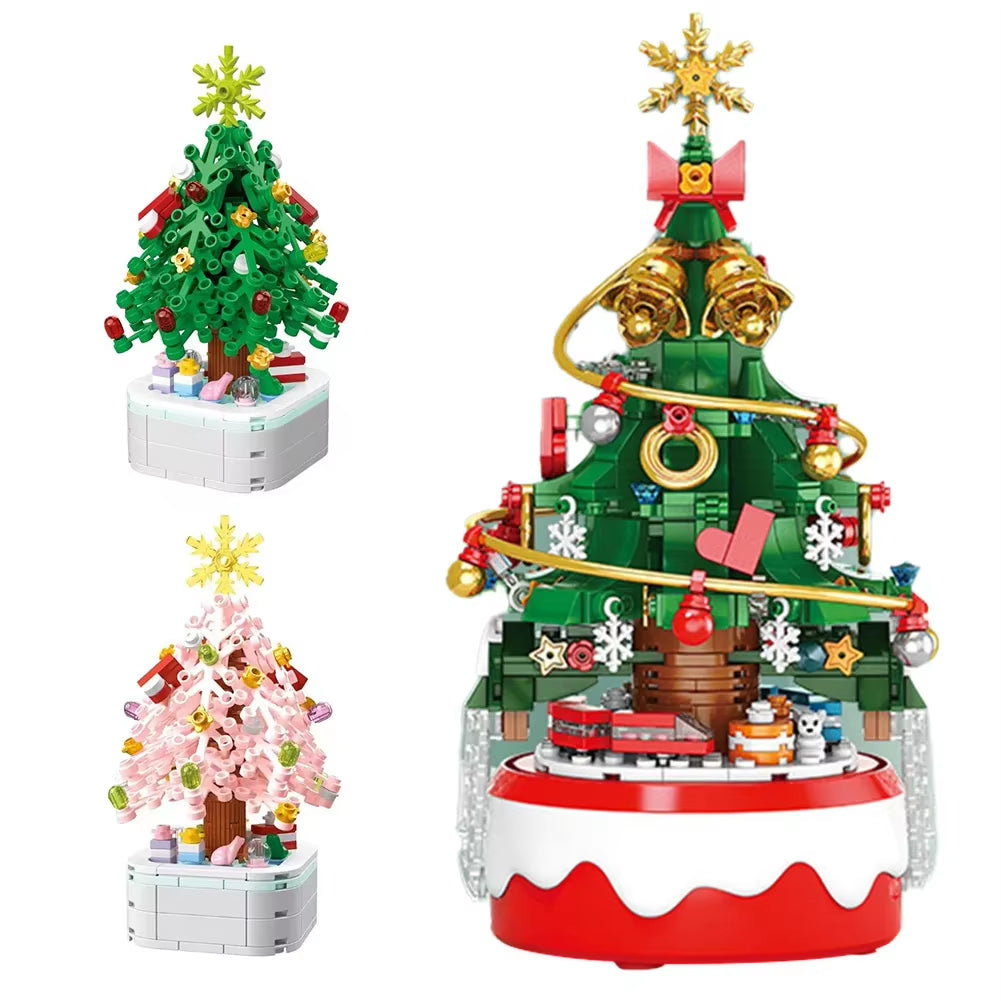 Rotating Christmas Tree Music Box Building Blocks Toys Creative Decoration Model for Girls Boys and Adults Gifts