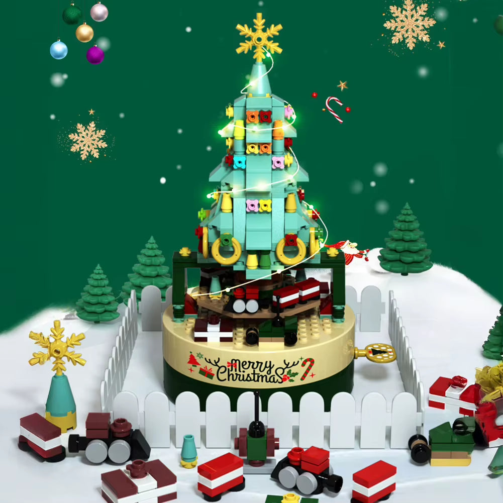 Rotating Christmas Tree Music Box Building Blocks Toys Creative Decoration Model for Girls Boys and Adults Gifts