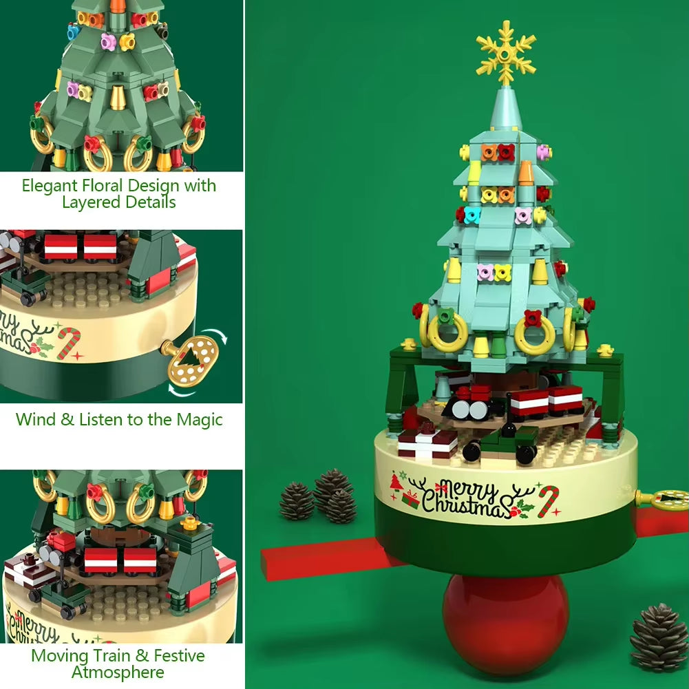 Rotating Christmas Tree Music Box Building Blocks Toys Creative Decoration Model for Girls Boys and Adults Gifts