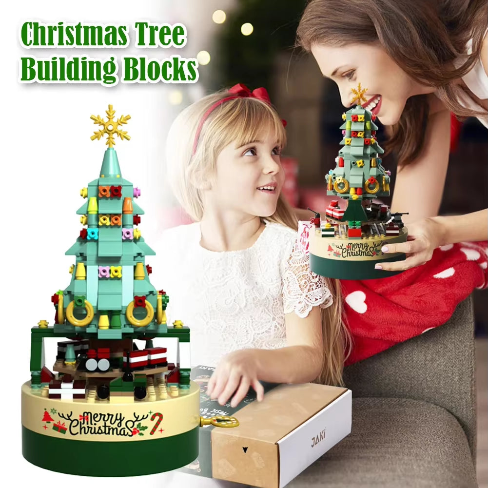Rotating Christmas Tree Music Box Building Blocks Toys Creative Decoration Model for Girls Boys and Adults Gifts